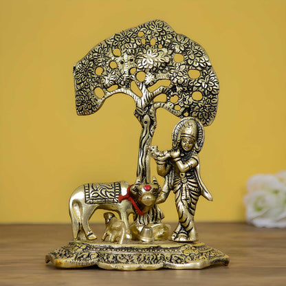 Lord Krishna playing Flute under Tree with Golden Cow and Calf Showpiece