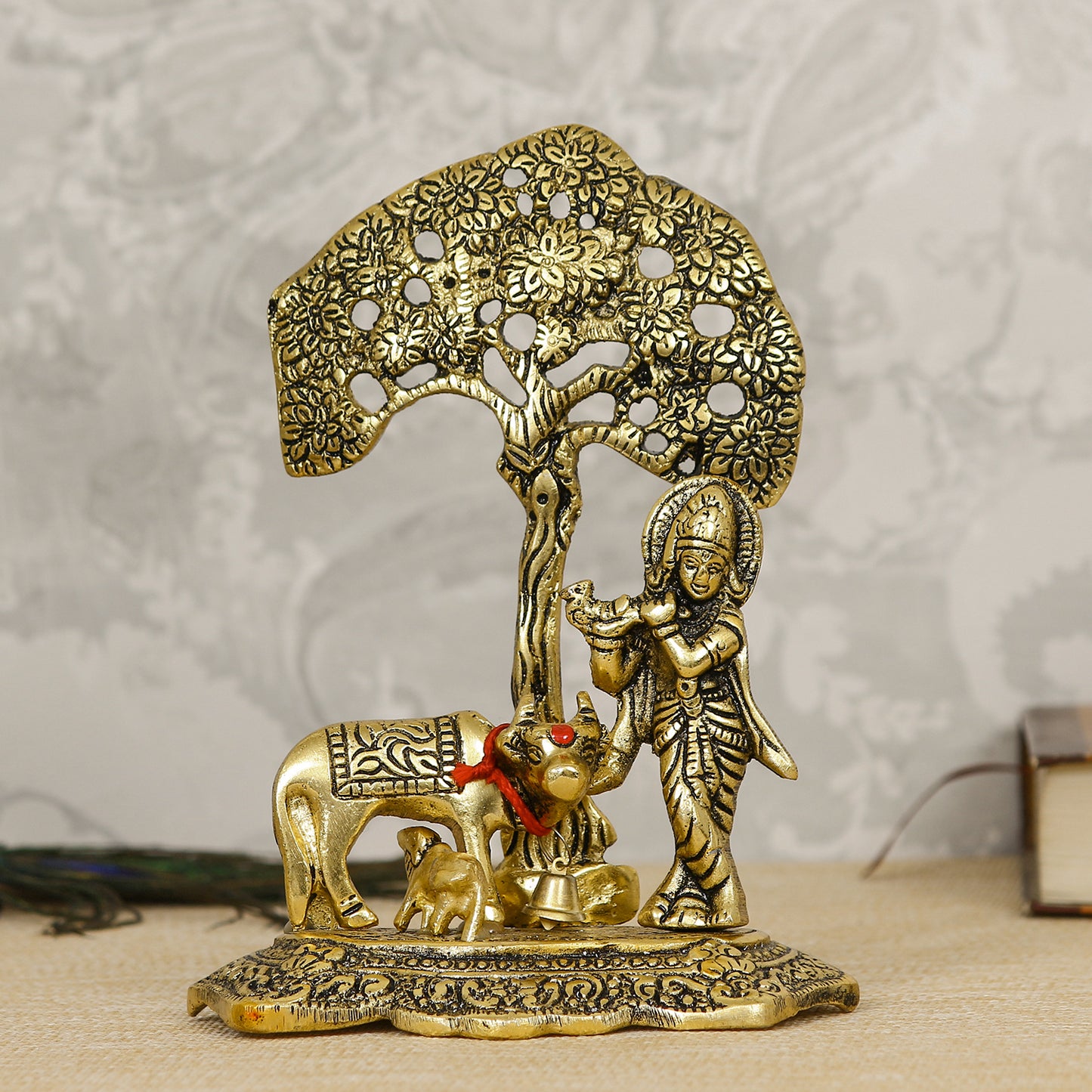 Lord Krishna playing Flute under Tree with Golden Cow and Calf Showpiece